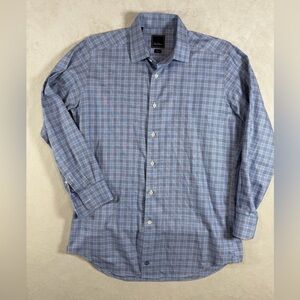 David Donahue 16 32/33 Blue Gingham Check Trim Fit Dress Shirt Spread Collar